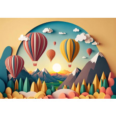 Fototapete mit farbenfroher Papierkunst mit Heißluftballons, in einer fröhlichen Landschaftseinstellung.