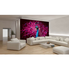 Eine Fototapete von auffälligen Pfauenfedern in lila und rosa Farben im Wohnzimmer.