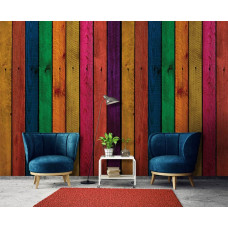 Eine Fototapete mit bunten Regalen aus Holz im Industriestil für das Schlafzimmer.