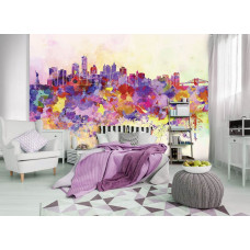 Fototapete einer farbenfrohen Stadt mit Farbe und abstraktem Kunstwerk, ideal als Vliestapete für das Schlafzimmer.