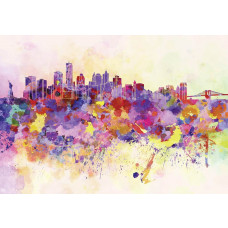 Abstrakte Fototapete mit einer farbenfrohen Stadt, dargestellt als Kunstwerk in Farbe.