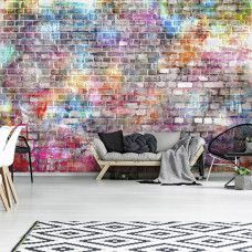 Fototapete einer bunten Graffiti-Wand mit Ziegeln und Wandmalerei im Wohnzimmer.