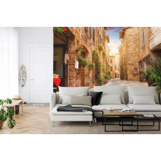 Eine Fototapete mit einer romantischen Gasse in Rom, Italien, dargestellt in einem atmosphärischen Stil.