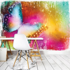 Eine Fototapete mit einem bunten Schmetterling im Kunststil in einem Kinderzimmer.