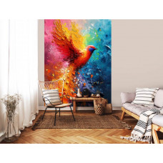 Fototapete eines bunten Vogels im Kunststil für das Wohnzimmer mit Vliestapete.