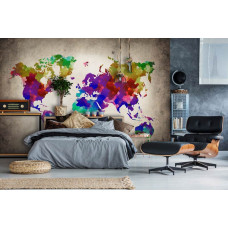 Fototapete einer bunten Weltkarte mit abstrakten Ländern und Städten, perfekt für ein Schlafzimmer.