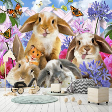 Eine Fototapete mit niedlichen Kaninchen und einem Hamster in einer lustigen Anordnung.