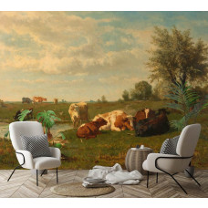 Ein Geschäftsraum mit einer Fototapete mit einer malerischen Landschaft von Kühen, die auf einer Wiese grasen, inspiriert von dem Gemälde von Gerard Bilders aus 1860-1865.