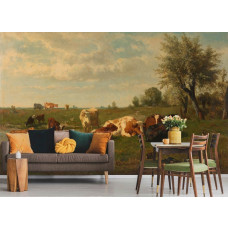 Ein Esszimmer mit einer Fototapete mit einer malerischen Landschaft von Kühen, die auf einer Wiese grasen, inspiriert von dem Gemälde von Gerard Bilders aus 1860-1865.