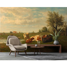 Fototapete mit einer malerischen Landschaft von Kühen, die auf einer Wiese grasen, inspiriert von dem Gemälde von Gerard Bilders aus 1860-1865 in einem Büro.
