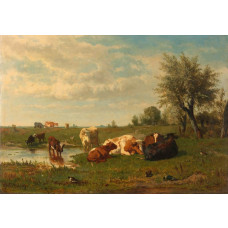Fototapete mit einer malerischen Landschaft von Kühen, die auf einer Wiese grasen, inspiriert von dem Gemälde von Gerard Bilders aus 1860-1865.