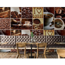 Eine Fototapete mit einer Kaffee-Collage im Catering-Stil für das Esszimmer.