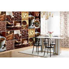 Eine Fototapete mit einer Kaffee-Collage für Kaffeeliebhaber, geeignet für die Gastronomie.