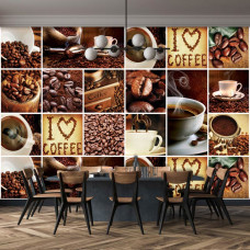 Eine Fototapete mit einer Kaffee-Collage für einen Kaffeeliebhaber, geeignet für das Wohnzimmer...