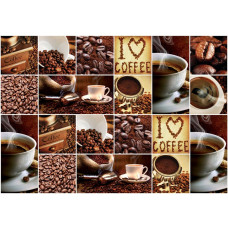 Fototapete mit einer Collage aus Kaffee und Kaffeebohnen, für den echten Kaffeeliebhaber.