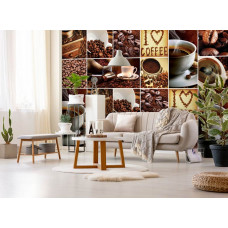 Eine Fototapete mit dem Text 'I Love Coffee' als Collage für Kaffeeliebhaber.
