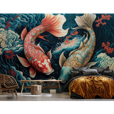Eine Fototapete von Koi-Karpfen in einem Kunstgemälde von Fischen in einem Schlafzimmer.