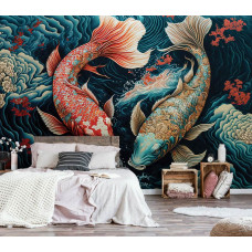Eine Fototapete von Koi-Karpfen in einem Kunstgemälde von Fischen auf Vliestapete in einem Schlafzimmer.