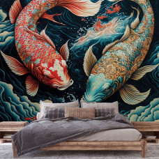Eine Fototapete von Koi-Karpfen in einem Kunstgemälde von Fischen in einem Wohnzimmer und Schlafzimmer.
