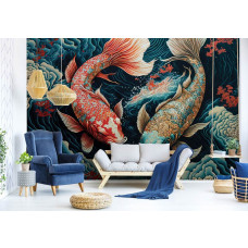 Eine Fototapete von Koi-Karpfen in einem Kunstgemälde von Fischen in einem Wohnzimmer.
