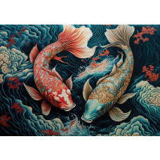 Koi-Karpfen Fische schwimmen durch das Wasser, dargestellt in einem detaillierten Kunstgemälde auf Fototapete.