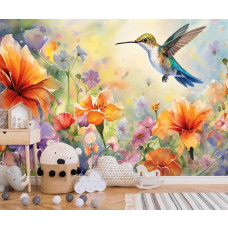 Eine Fototapete mit einem Kolibri und Blumen im Malstil, Natur und Vögel als Kunst im Babyzimmer.