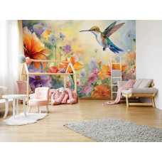 Eine Fototapete mit einem Kolibri und Blumen im Malstil, Natur und Vögel als Kunst im Kinderzimmer.