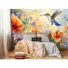 Eine Fototapete mit einem Kolibri und Blumen im Malstil, Natur und Vögel als Kunst im Wohnzimmer und Schlafzimmer.