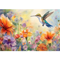 Fototapete mit einem Gemälde eines Kolibris, der zwischen Blumen fliegt, in einer künstlerischen Darstellung von Natur und Vogel.