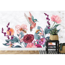 Fototapete mit Bienen und Blumen in einem künstlerischen Stil in einem Wohnzimmer.