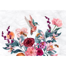 Fototapete mit einem Kolibri, der über Blumen schwebt, und Bienen, die zwischen den Blüten fliegen.