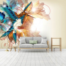 Fototapete eines Kolibris im künstlerischen Stil in einer Vliestapete für ein Wohnzimmer.