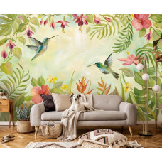 Eine Fototapete von Kolibris im Dschungel in nahtloser Tapete für ein Wohnzimmer.