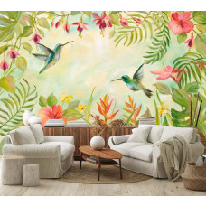Eine Fototapete von Kolibris im Dschungel mit natürlichen Details im Vliestapetenstil für ein Wohnzimmer.