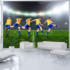 Eine dynamische Vliestapete mit Fußball-Action in einem Stadion, perfekt für ein Kinderzimmer.