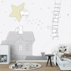 Eine Fototapete mit Häschen bei Nacht für Kinder im Babyzimmer.