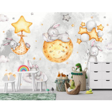 Eine Fototapete mit Häschen in den Wolken mit Sternen und Mond als Kindertapete in einem Kinderzimmer.