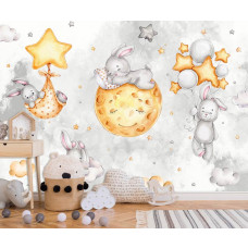 Eine Fototapete mit Häschen in den Wolken mit Sternen und Mond im Kinderzimmer.