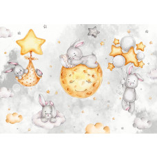 Häschen, die in den Wolken unter Sternen und einem Mond schweben, dargestellt auf einer fantasievollen Fototapete für Kinder.