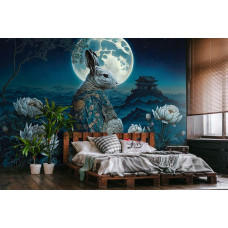 Eine Fototapete mit einem königlichen Kaninchen im Mondschein mit einem orientalischen Mond auf Vliestapete in einem Schlafzimmer.