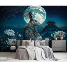 Eine Fototapete mit einem königlichen Kaninchen im Mondschein mit einem orientalischen Mond in einem Wohnzimmer und Schlafzimmer.