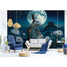 Eine Fototapete mit einem königlichen Kaninchen im Mondschein mit einem orientalischen Mond in einem Wohnzimmer.