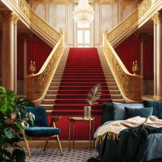 Eine Fototapete mit einer königlichen Treppe in einem 3D-Palast in einem Vlies-Stil für ein Schlafzimmer.