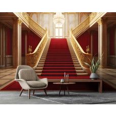 Eine Fototapete mit einer königlichen Treppe in einem 3D-Palast für ein Wohnzimmer.