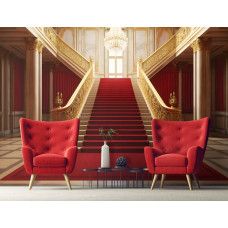 Eine Fototapete mit einer königlichen Treppe in einem 3D-Palast in einem schicken Wohnzimmer.