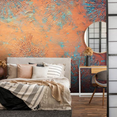 Eine Fototapete mit Kupferpatina-Blumenwandkunst auf Vliesbehang für das Schlafzimmer mit Airtex.