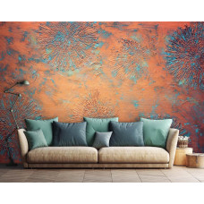 Eine Fototapete mit Kupferpatina-Blumenwandkunst auf Vliesbehang für das Wohnzimmer mit Airtex.