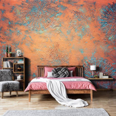 Eine Fototapete mit Kupferpatina-Blumenwandkunst auf Vliesbehang für das Wohnzimmer.