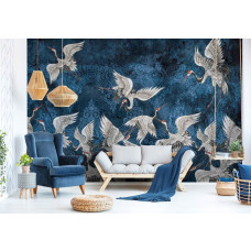 Eine Fototapete mit abstrakter Kranichkunst, ideal für ein luxuriöses Wohnzimmer.