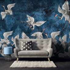 Eine Fototapete mit abstrakter Kranichkunst, perfekt für ein ruhiges Schlafzimmer.